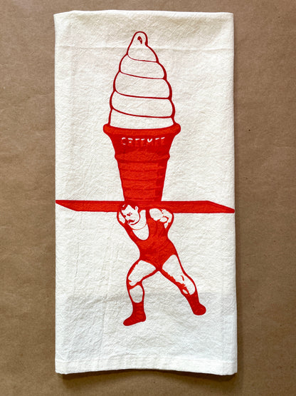 Ice cream strongman funny Tea Towel