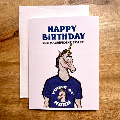 Young at Horn Unicorn Birthday funny greeting card
