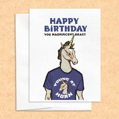 Young at Horn Unicorn Birthday funny greeting card