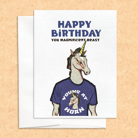 Young at Horn Unicorn Birthday funny greeting card