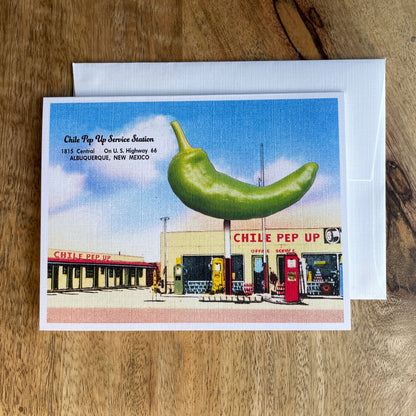 New Mexico Chile Pep Up Service Station funny greeting card